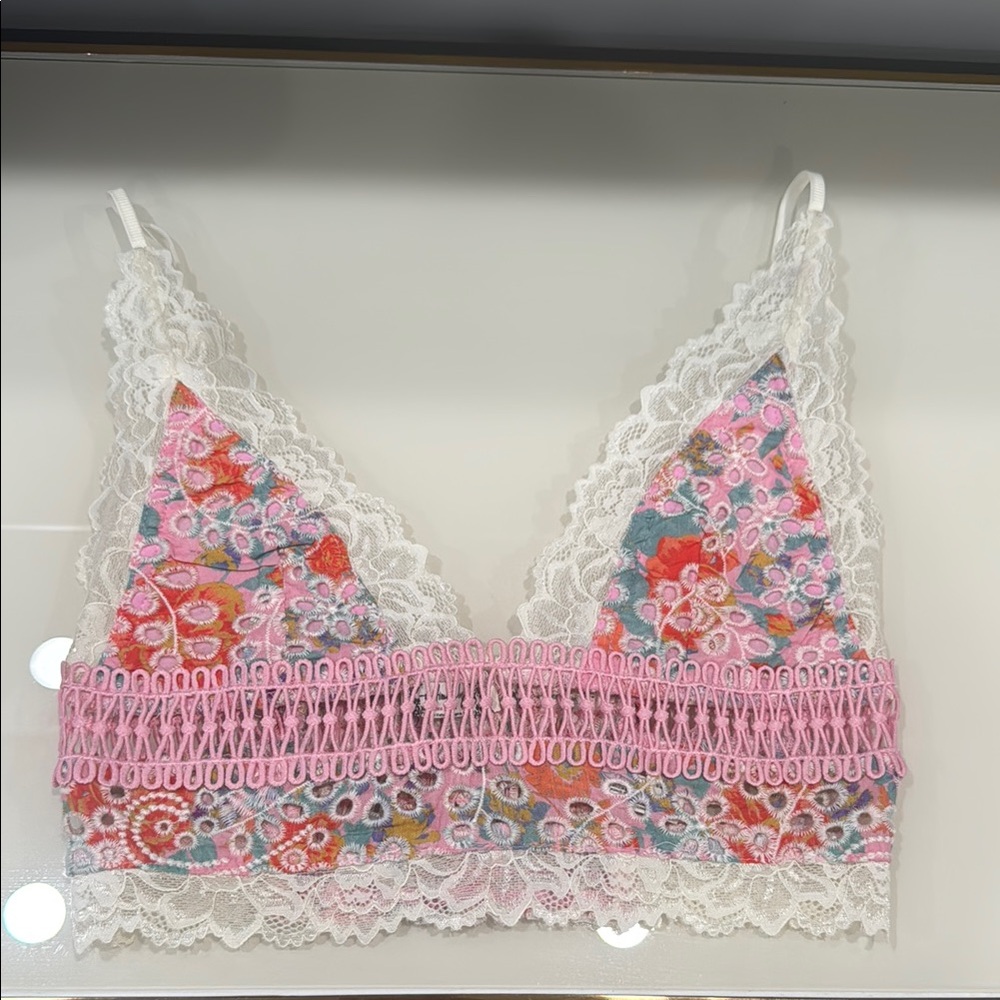 Free People Pink and White Lace Bralette with Crochet Detail